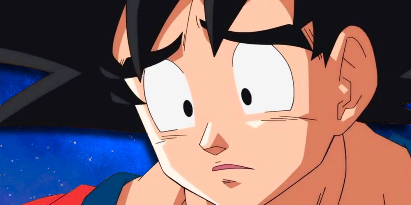 Goku looking sad on a starry background. Image