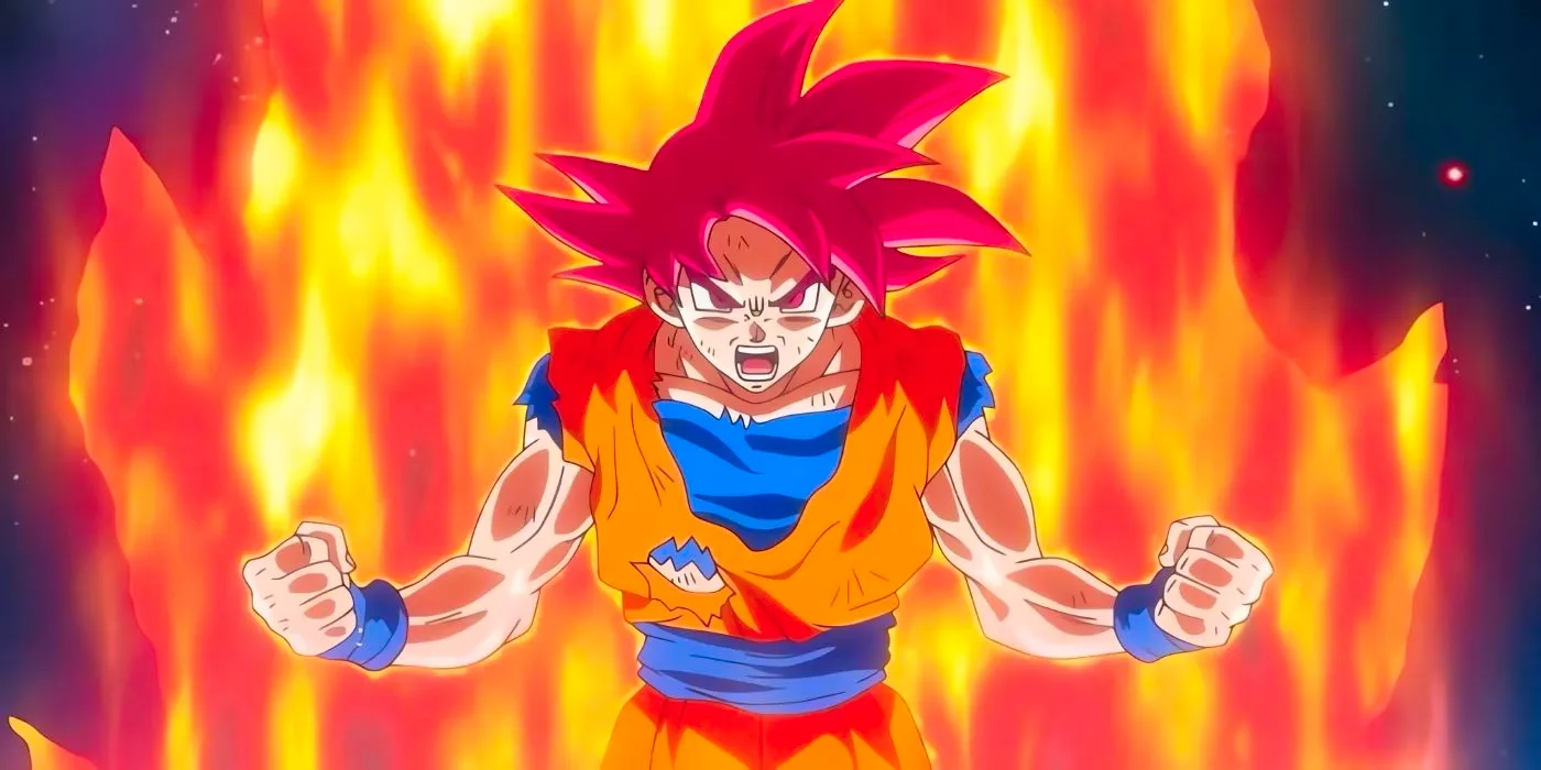 Goku powering up in his Super Saiyan God form.  Image