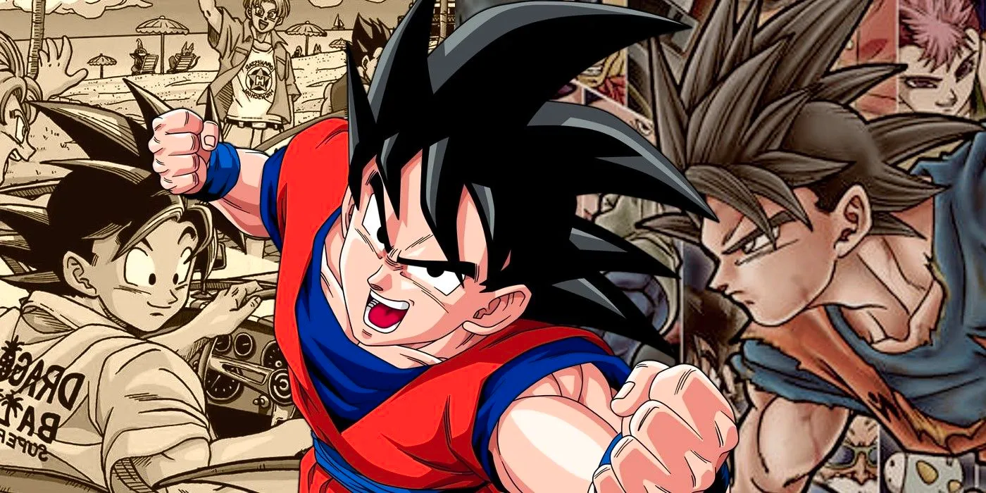 Goku punches forward, layered over images of himself from Dragon Ball Super covers Image