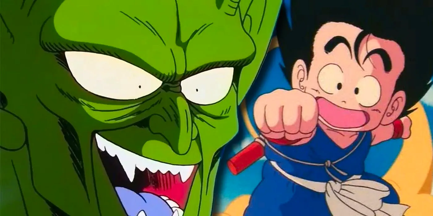 Goku riding the flying nimbus behind the face of King Piccolo. Image