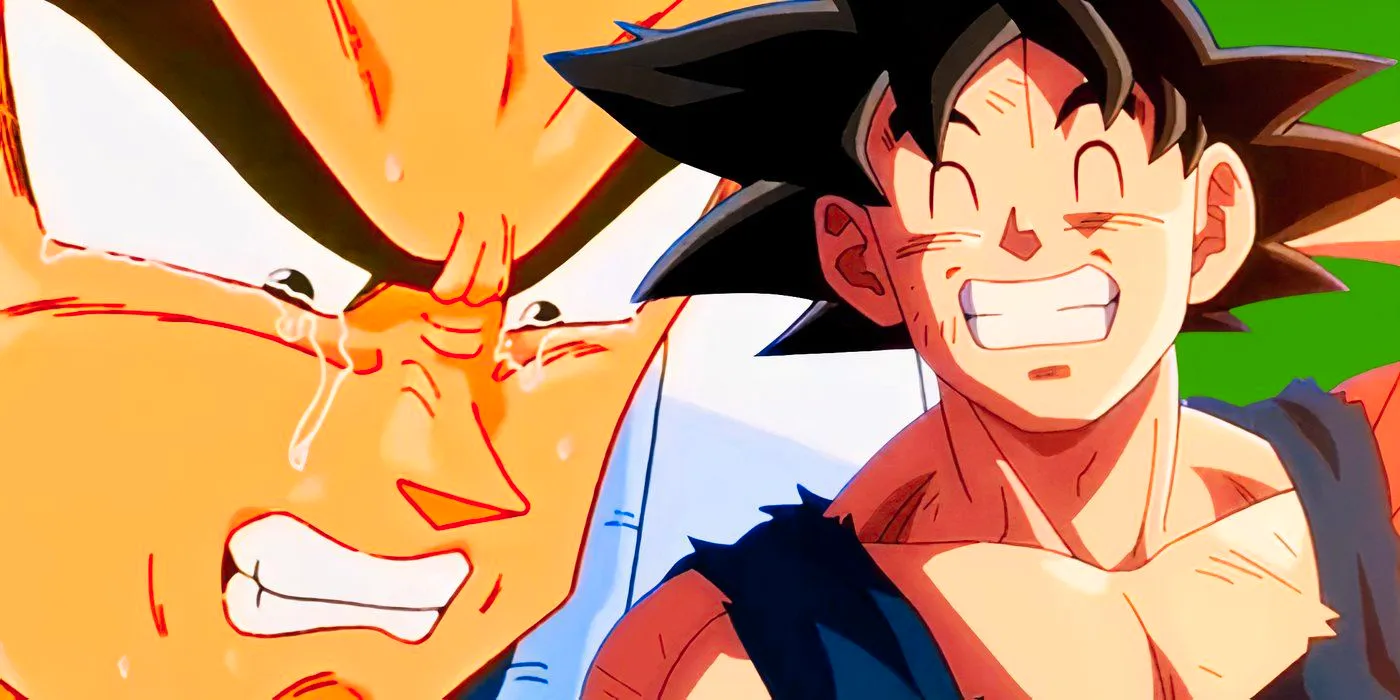 Goku smiling and Vegeta crying Image