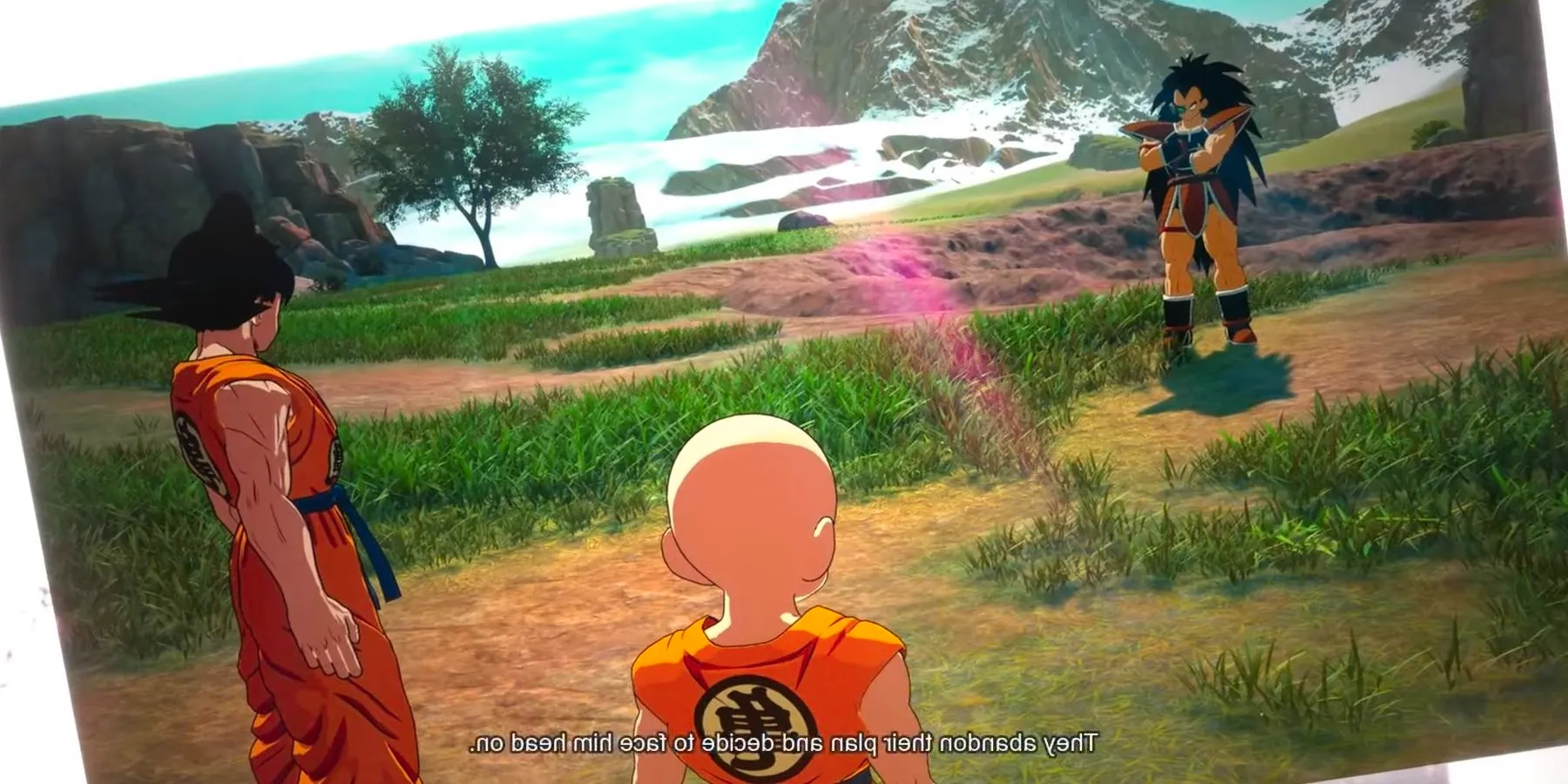 Goku working with Krillin against Raditz in Dragon Ball Sparking Zero in the 