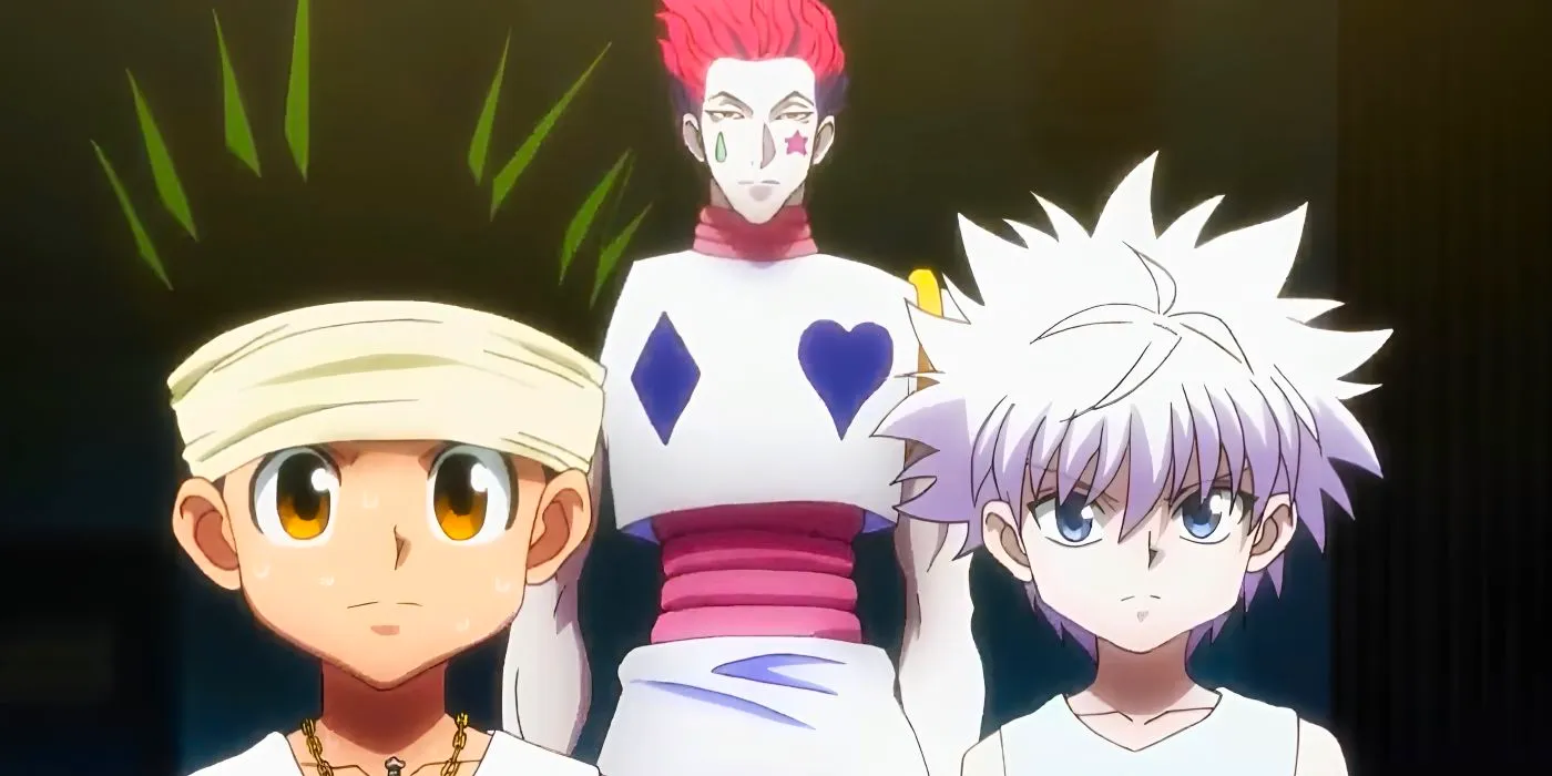 Gon, Killua, and Hisoka formulate a strategy to beat Razor during the Dodgeball Game on Greed Island in Hunter x Hunter. Image