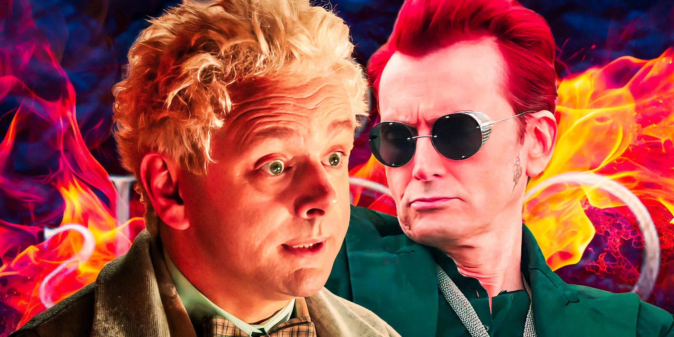 Good Omens Crowley looking annoyed and Aziraphale talking Image