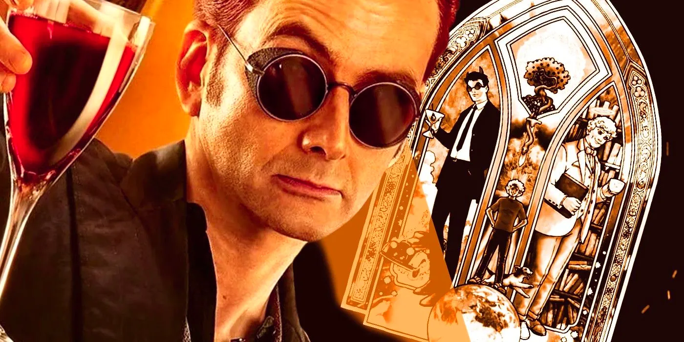 good omens crowley with comic adaptation cover behind him Image