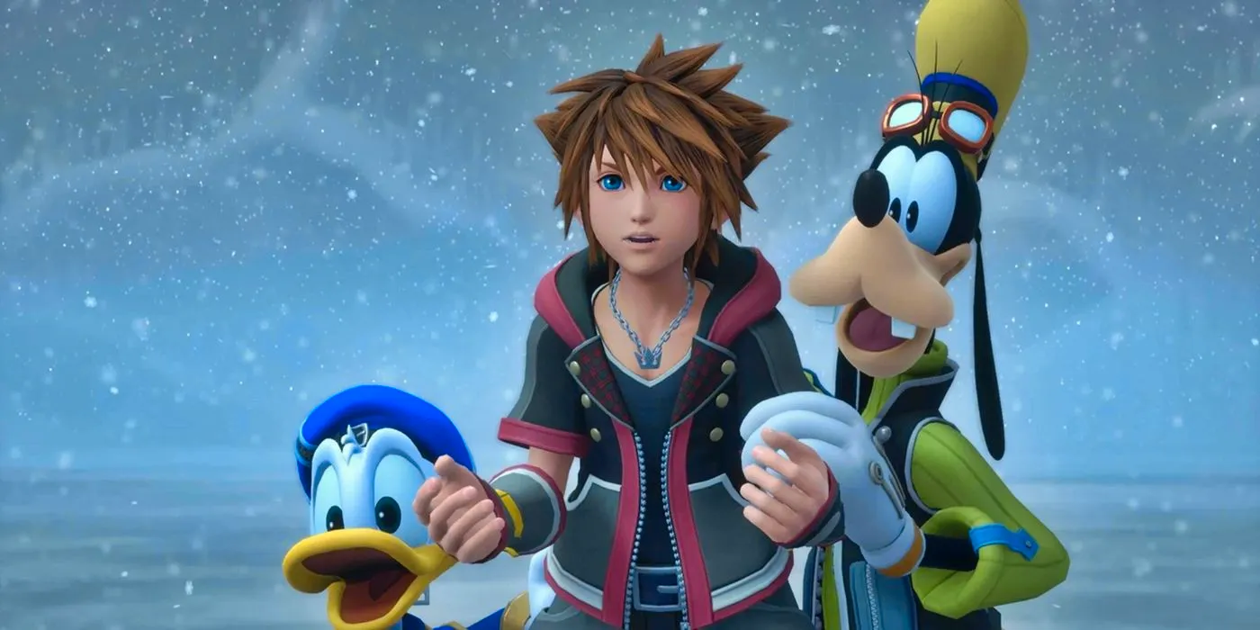 Goofy, Sora, and Donald standing in the snow in Kingdom Hearts 3. Image