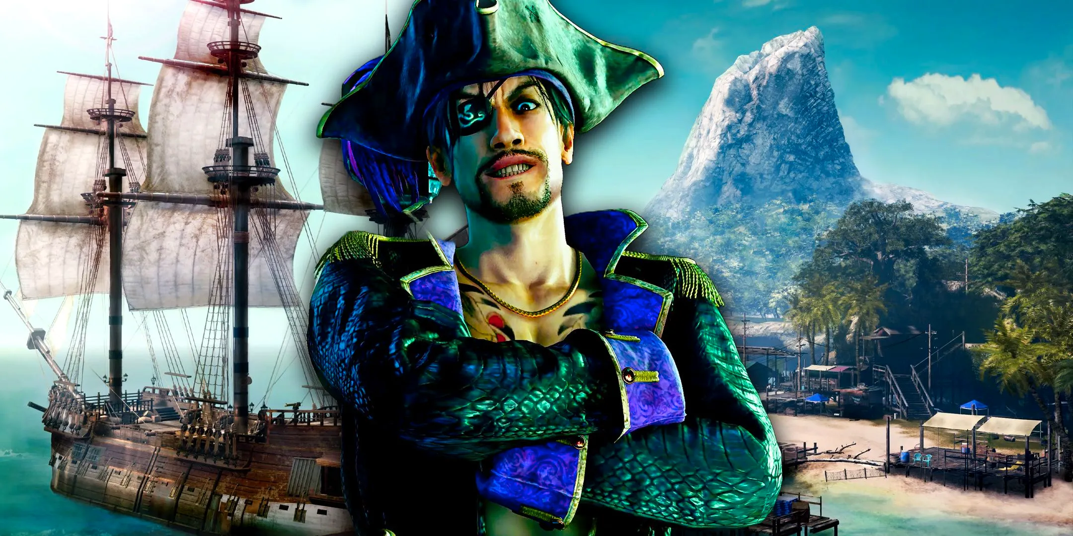 Goro Majima in a pirate outfit in front of an island and pirate ship in Like A Dragon: Pirate Yakuza. Image