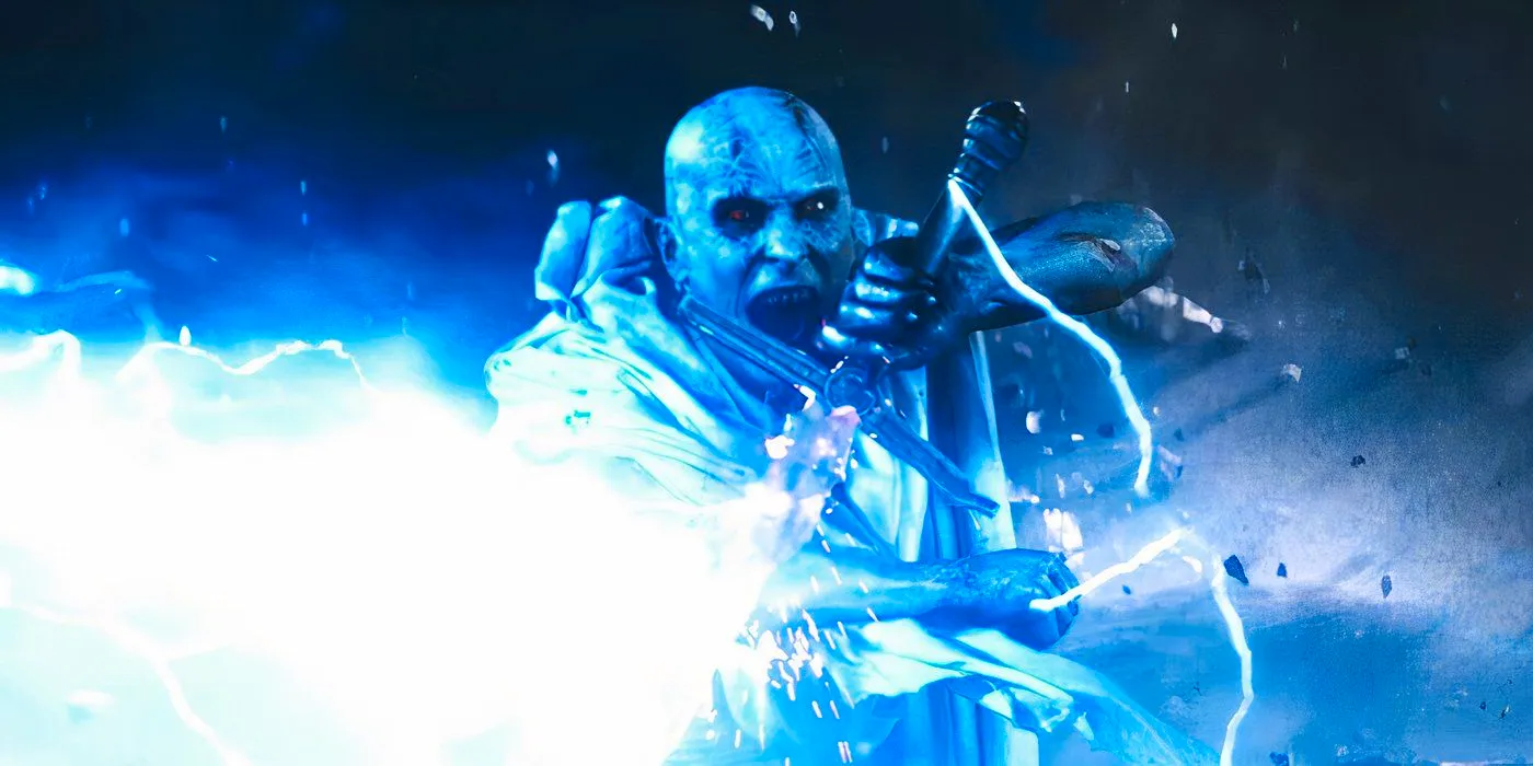 Gorr the God Butcher using the Necrosword to deflect lightning in Thor Love and Thunder Image