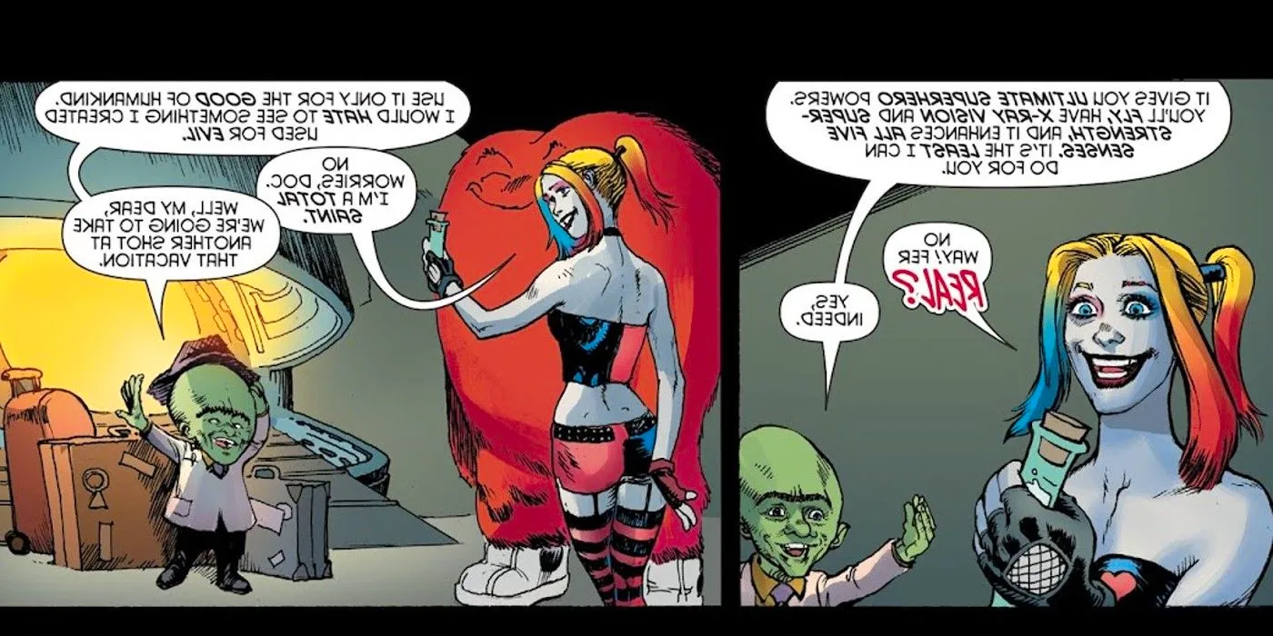 Gossamer's creator Dr. Moron or Dr. Frankenbeans or simply Mad Scientist gives Harley Quinn a vile of superpowers Image