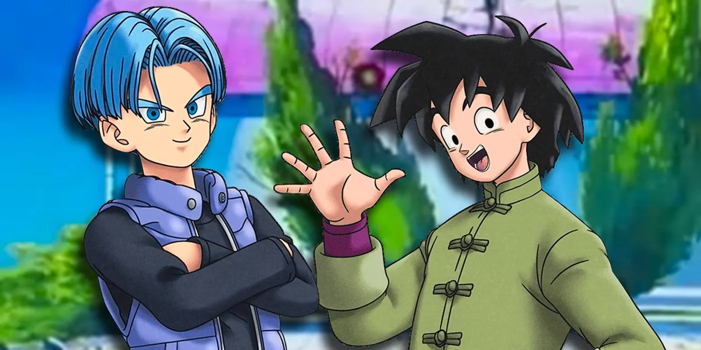 Goten and Trunks in their older forms in front of the Lookout. Image