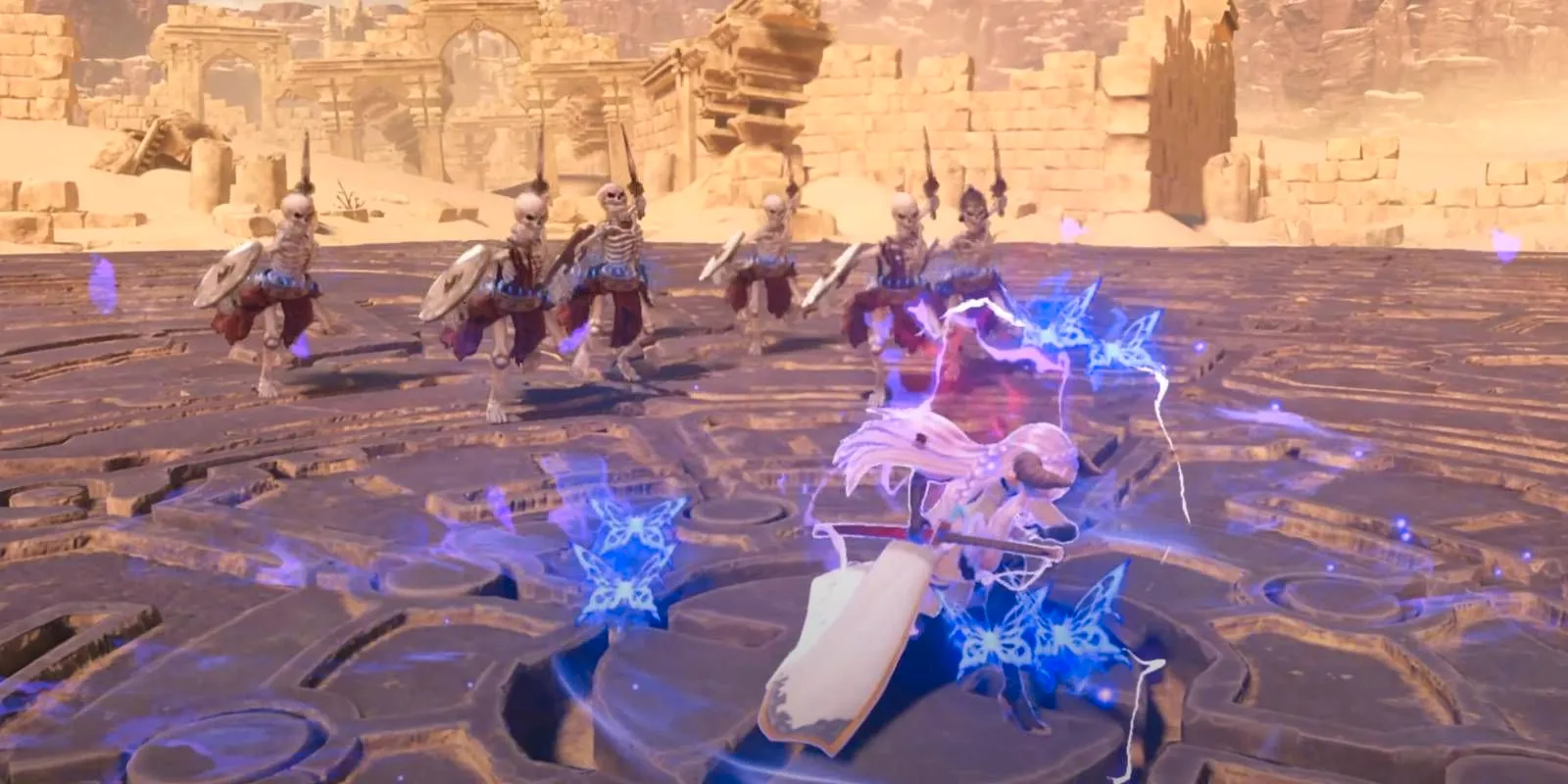 Granblue Fantasy: Relink Narmaya about to unleash butterfly slash attack against horde of skeleton enemies. Image