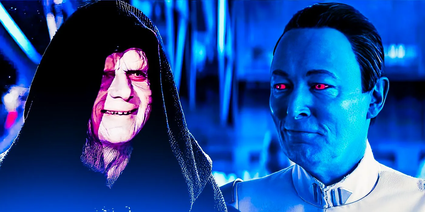 Grand Admiral Thrawn and Emperor Palpatine in Star Wars both smiling face the other in a combined image Image