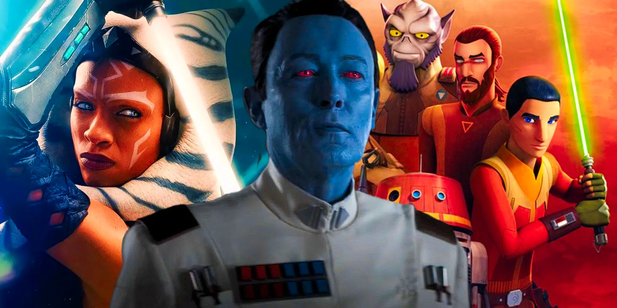 Grand Admiral Thrawn from Ahsoka next to Ahsoka and Star Wars Rebels' Posters Image