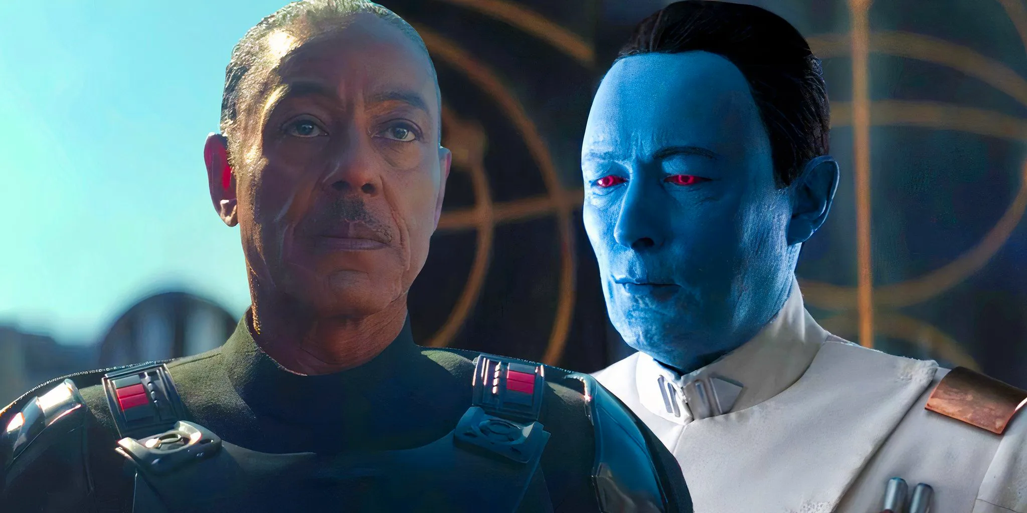 Grand Admiral Thrawn (Lars Mikkelsen) in Ahsoka and Moff Gideon (Giancarlo Esposito) in The Mandalorian Image