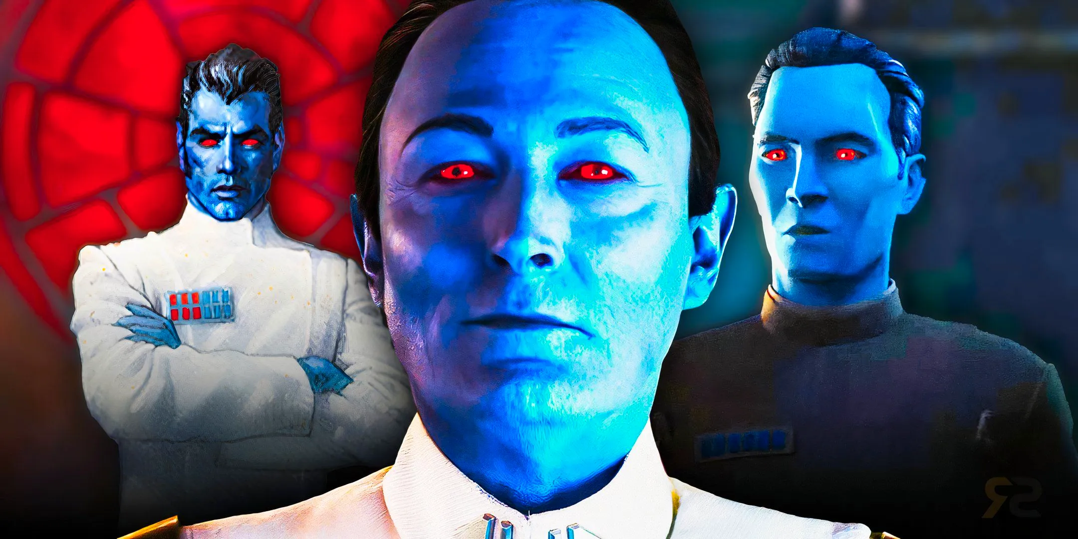 Grand Admiral Thrawn (Lars Mikkelsen) smirks in his white uniform in Ahsoka. To his left is the animated Thrawn from Tales of the Empire in an all-black outfit. To his right is the illustrated version of Thrawn in his white Imperial outfit. Image