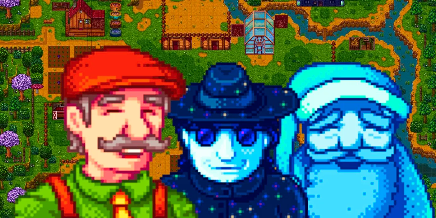 Grandpa's Ghost, Mr. Qi, and Mayor Lewis in front of the Meadowlands Farm from Stardew 1.6. Image