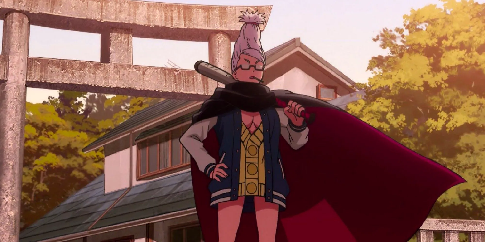 Granny Seiko wearing a cape and a holding a baseball bat on her shoulder Image