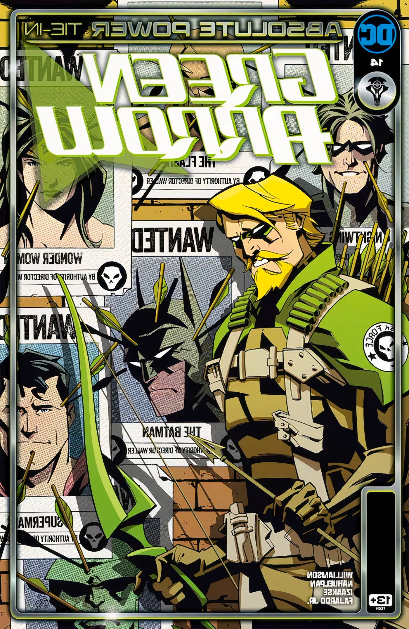 Green Arrow 14 Main Cover: Oliver Queen holding a bow in front of Justice League wanted posters. Image