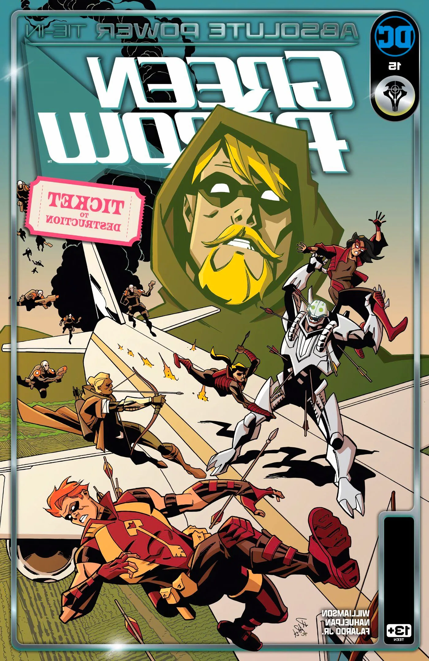 Green Arrow 15 Main Cover: the Arrow family fights enemies on top of a plane. Image