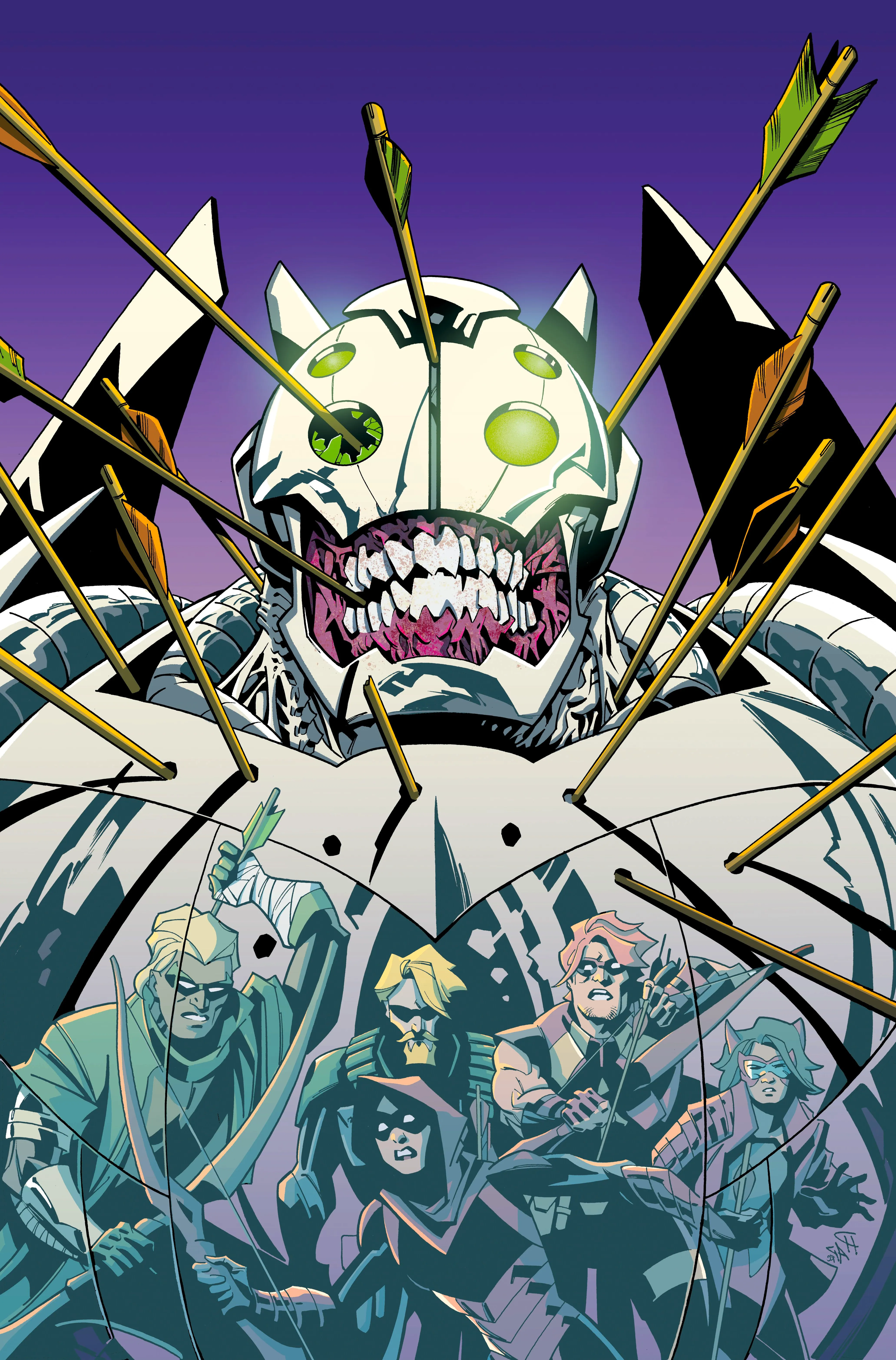 Green Arrow 16 Main Cover Solicit: the Green Arrow family reflected in a robot full of arrows. Image