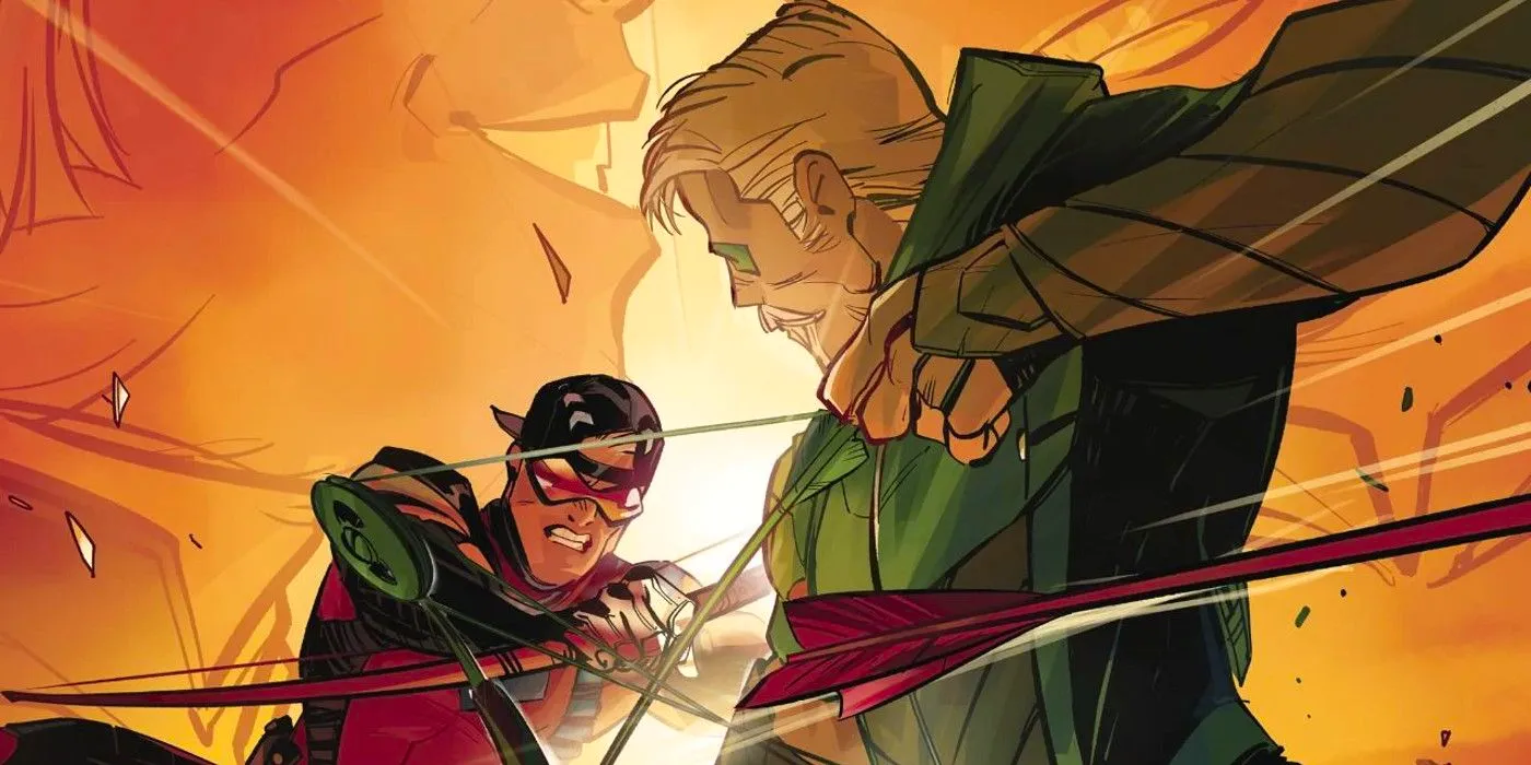 Green Arrow notches an arrow and prepares to shoot at his former sidekick, the hero known as Arsenal. Image