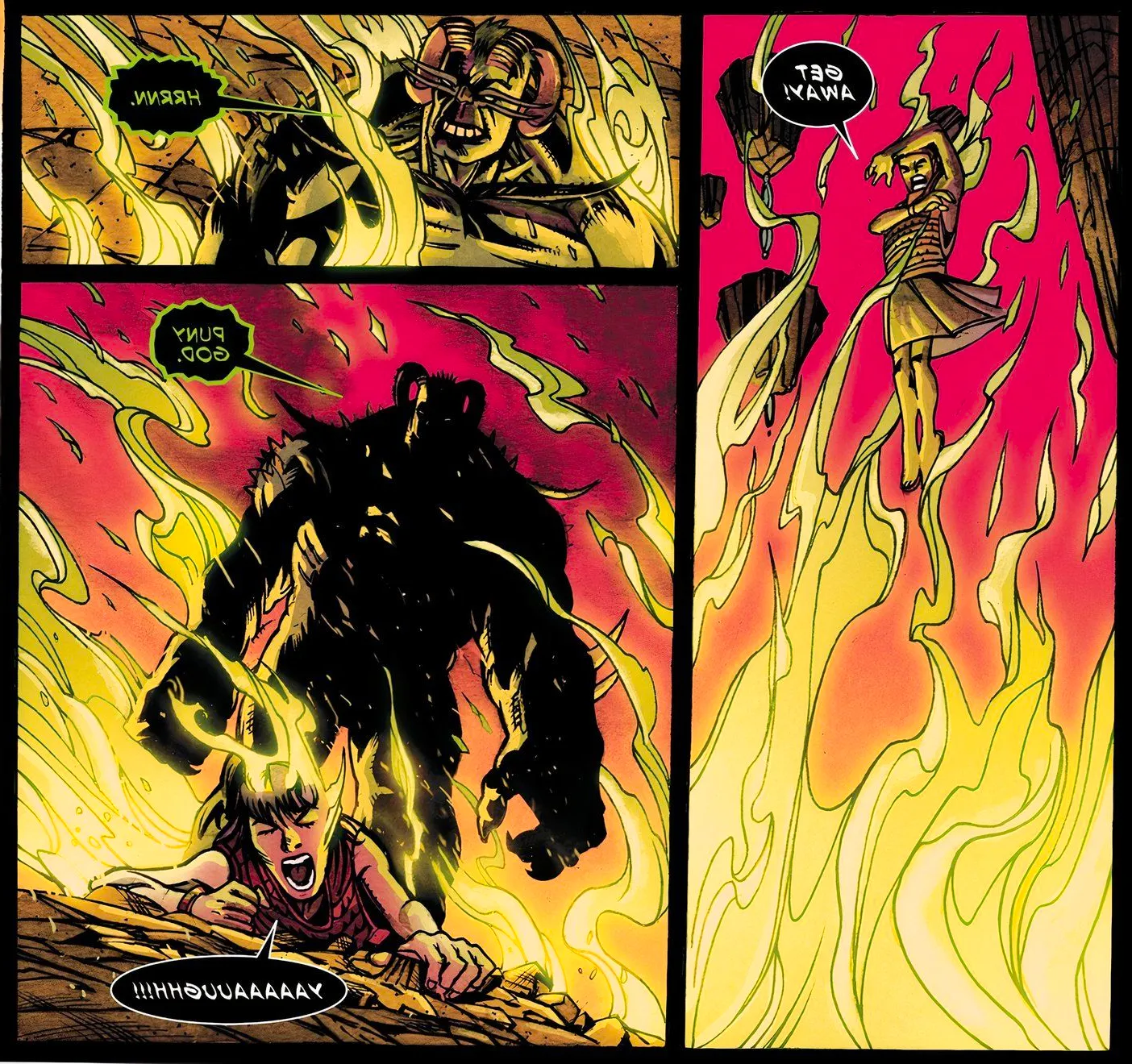 Green flames surround the Eldest as the first Hulk Enkidu stands over her. Image