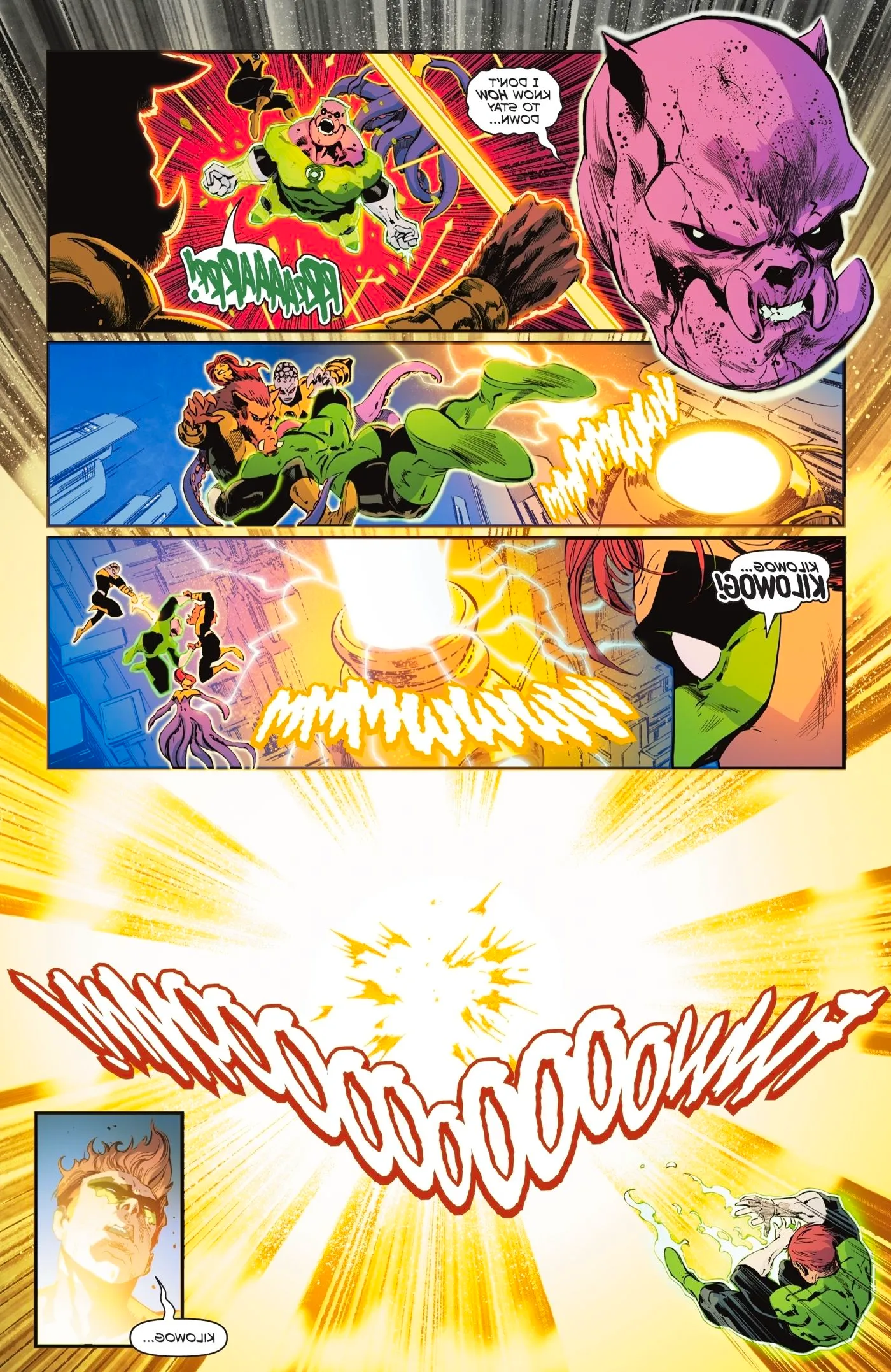 Green Lantern #7, Kilowog is seemingly killed in an explosion. Image