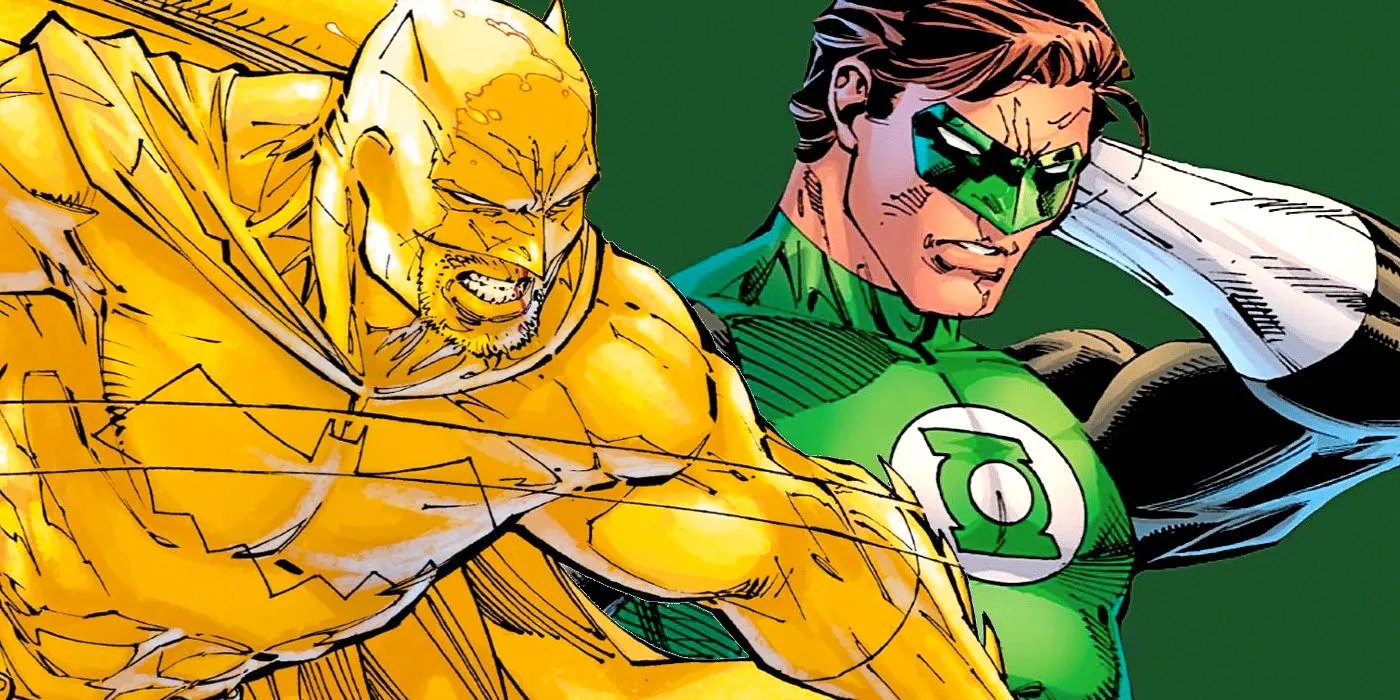 Green Lantern Hal Jordan next to an all-yellow suit Batman punching Image