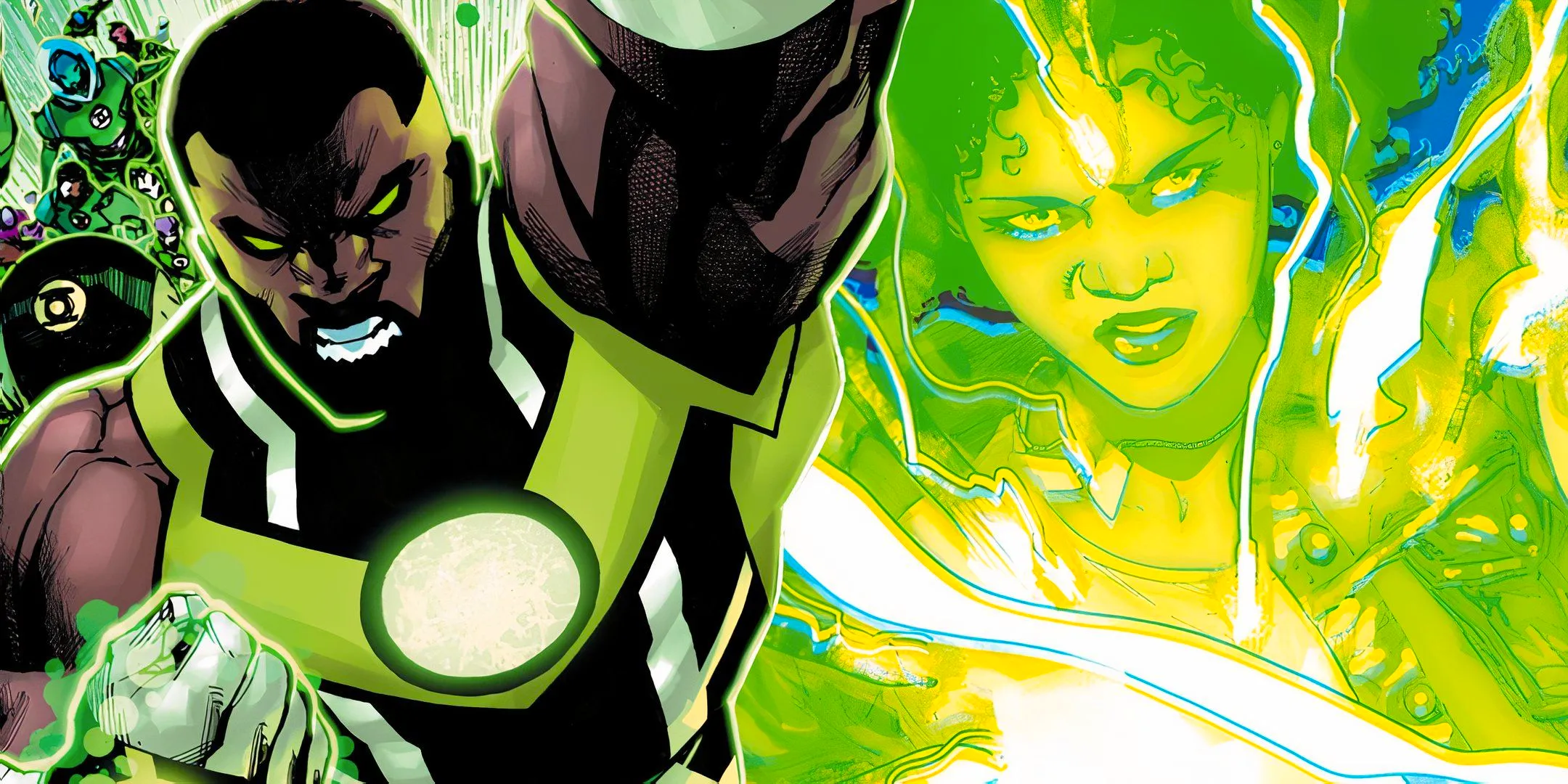 Green Lantern John Stewart Flying Next to Shirley and Ellie Fusion DC Featured Image