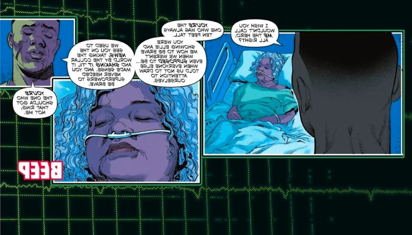 Green Lantern John Stewart talks to his mother, an elderly Black woman with white curly hair, as she sleeps in a hospital bed. Image