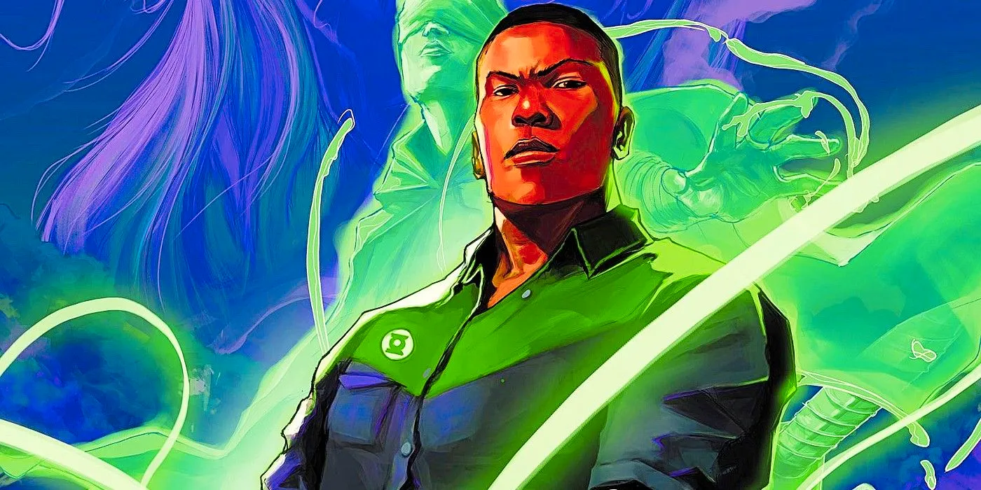 Green Lantern John Stewart wears a button down shirt and stands in front of a green ghost-like figure. Image