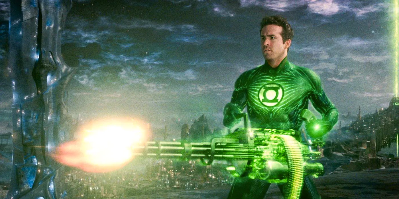 Green Lantern using his big green gun. Image