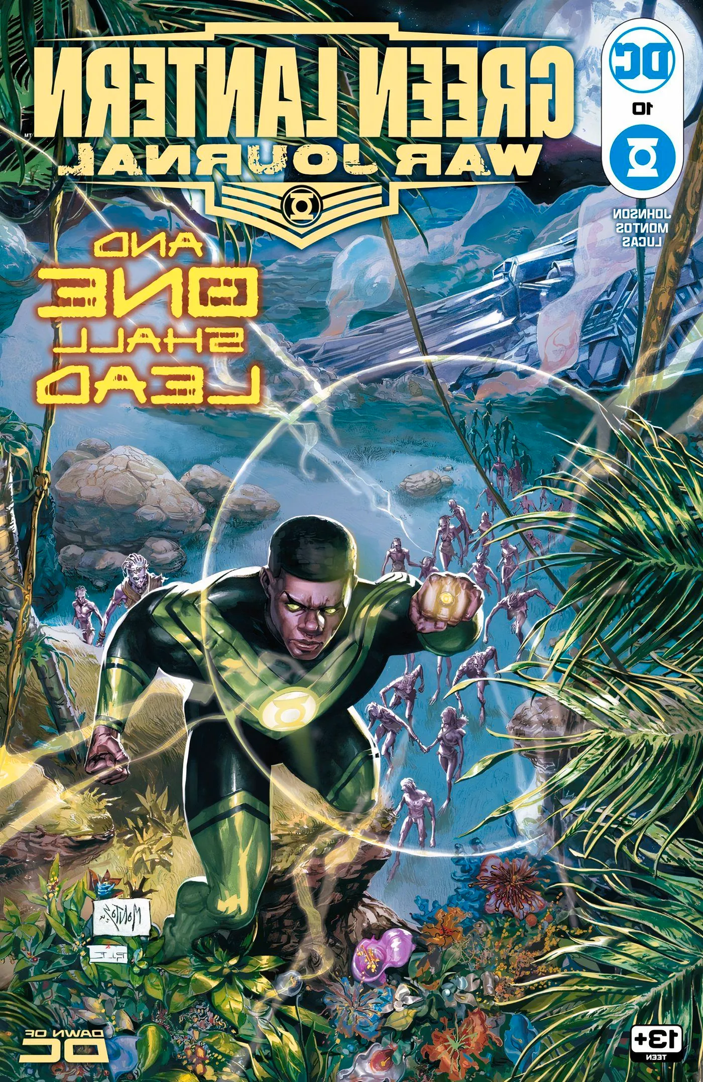 Green Lantern War Journal 10 Main Cover: John Stewart flying over an alien planet with flora. Image