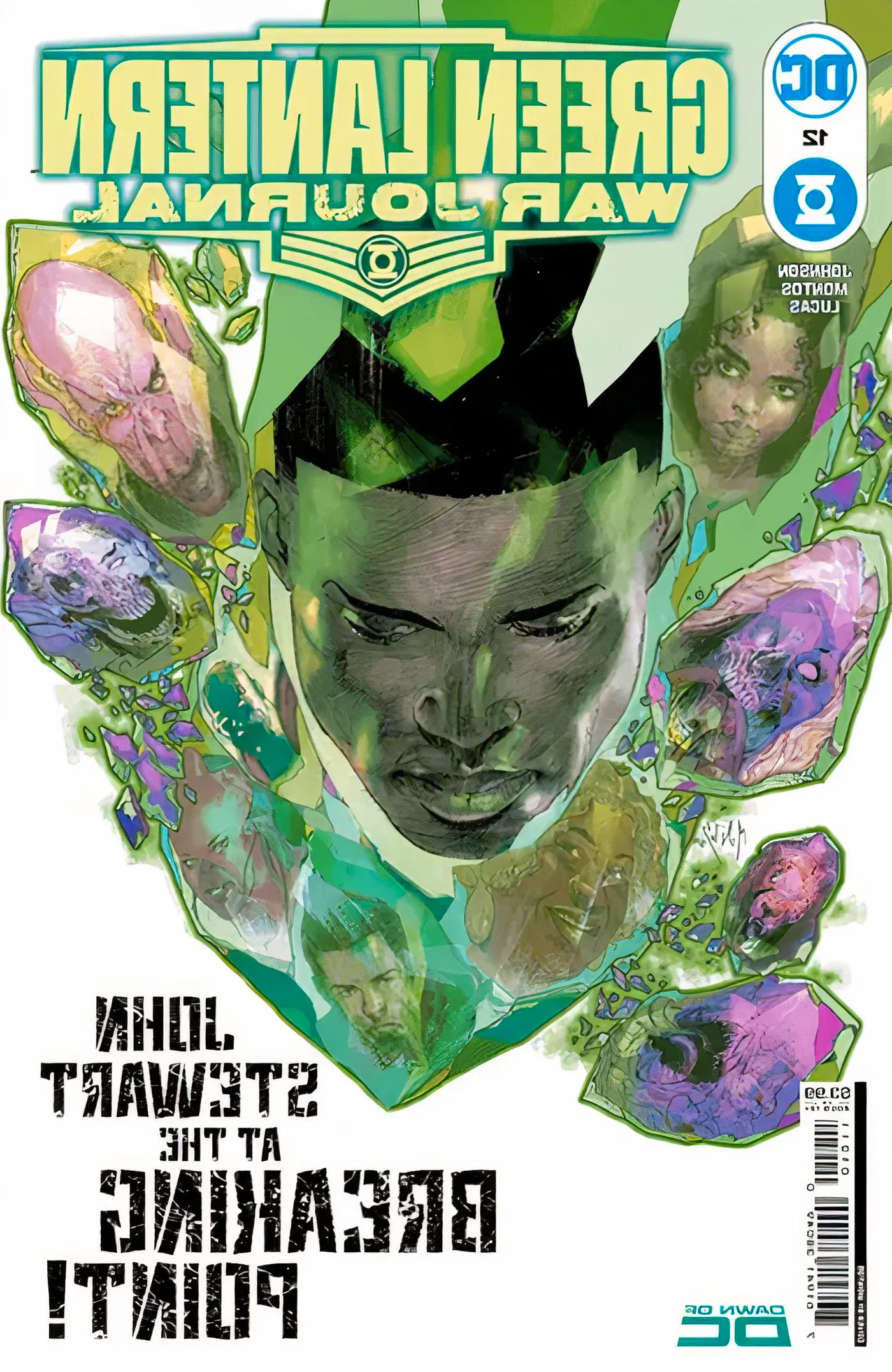 Green Lantern War Journal 12 Main Cover: John Stewart and other characters reflected in shards of green gems. Image