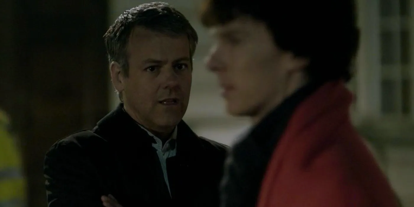 Greg Lestrade questioning Sherlock in A Study In Pink Image