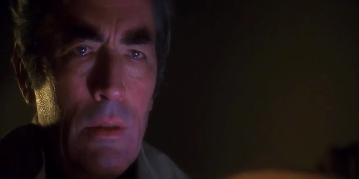 Gregory Peck's Robert Thorn looks afraid in The Omen Image