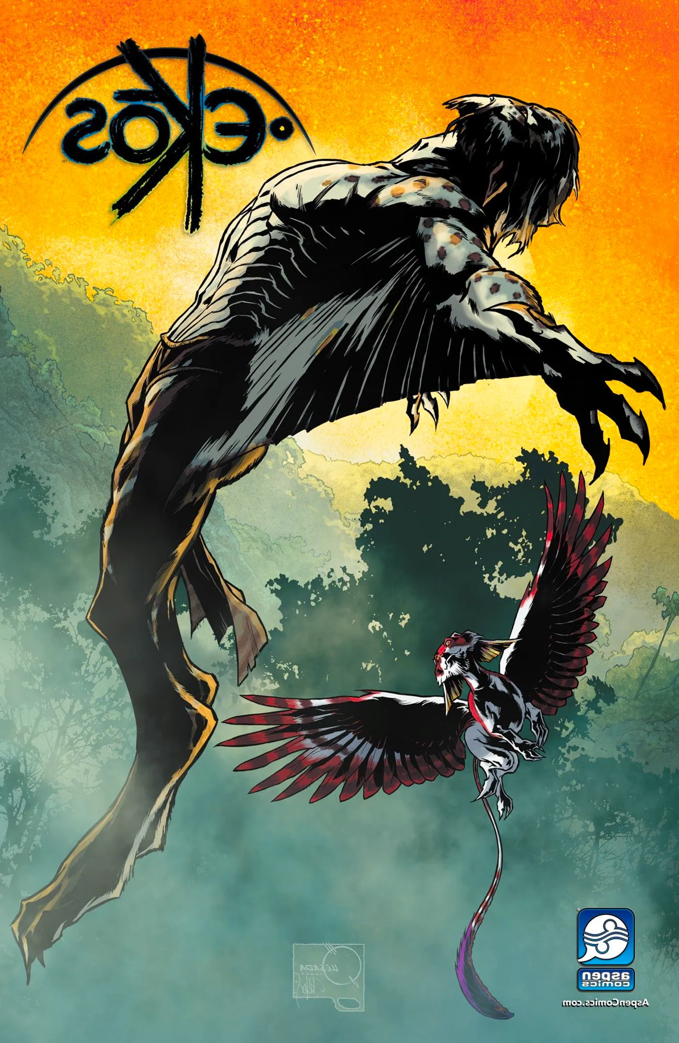 Grell leans back while in mid-air on Joe Quesada's cover art for Ekos Vol. 1 Image