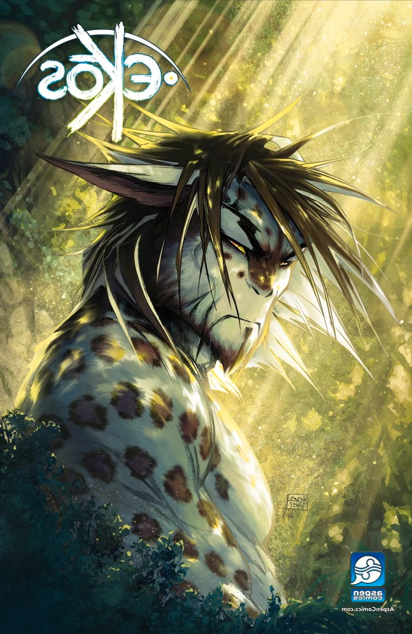 Grell stands at a profile angle on the cover of Ekos. He is furry with spots and long ears partially covered by long, stringy hair, a stern expression on his face. Image