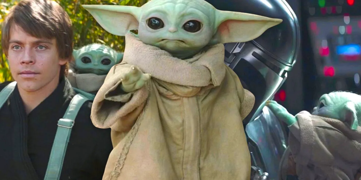 Grogu, aka Baby Yoda from The Mandalorian, with Mando on the left, and with Luke Skywalker on the right, separated by a shot of Baby Yoda standing.  Image