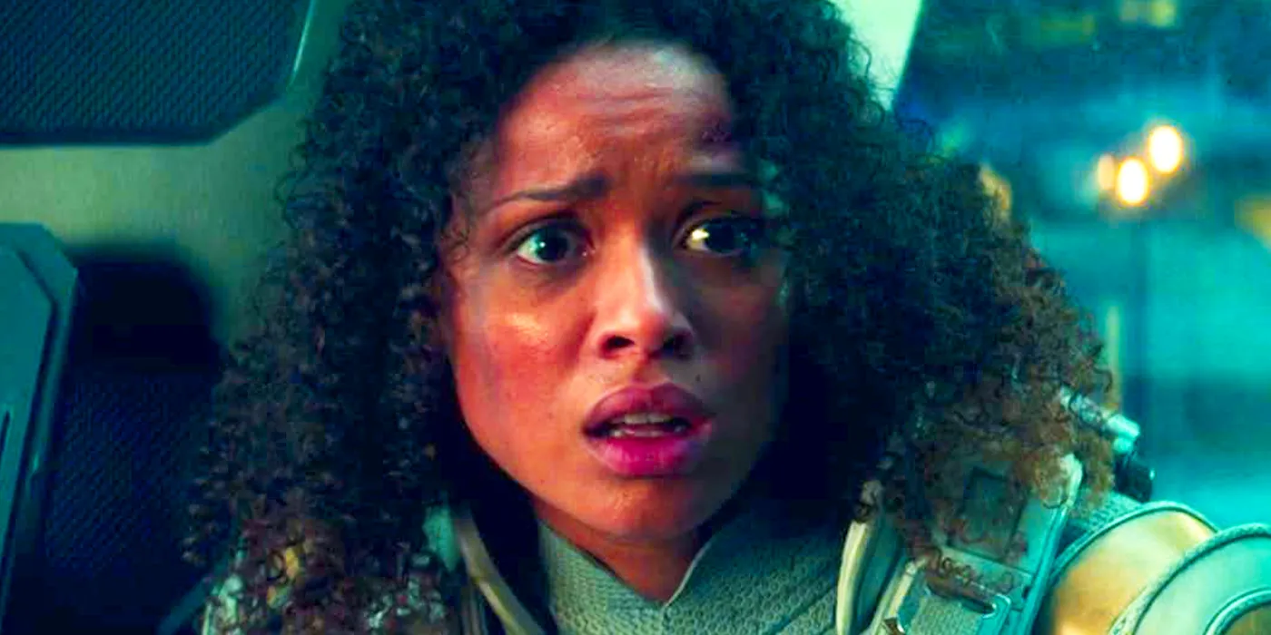 Gugu Mbatha-Raw looks frightened while seeing something in The Cloverfield Paradox Image