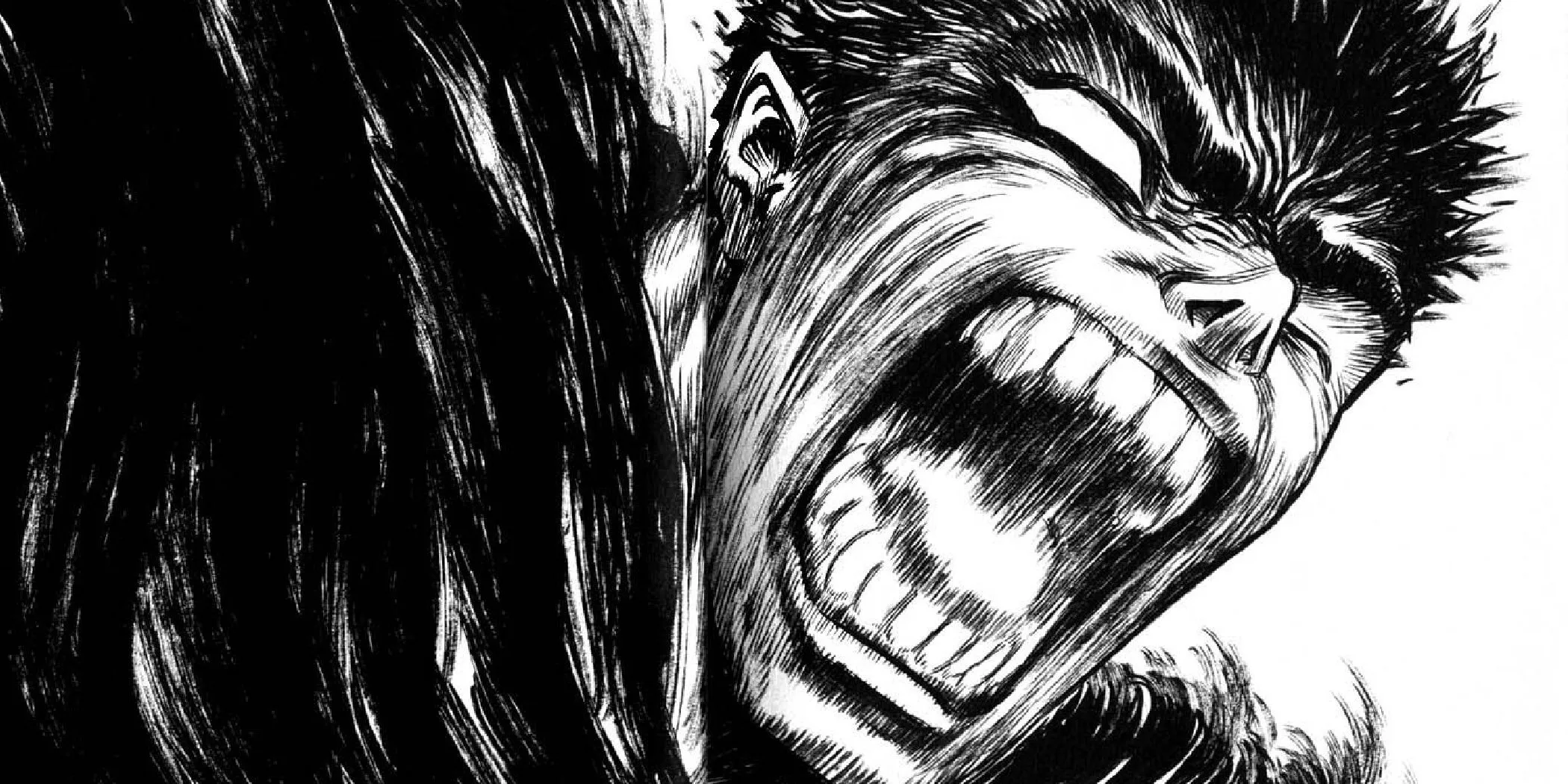 Guts drawn in frantic linework, one-eye whitened, letting out a war cry in one of Berserk's manga panels. Image