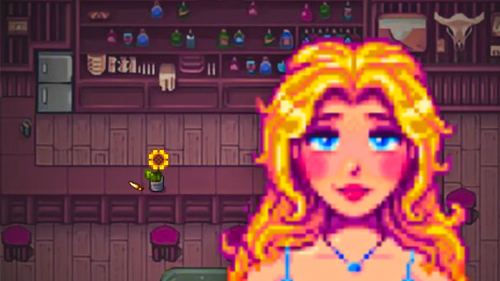 Haley sits in the Stardrop Saloon, as a vase of her favorite flowers, sunflowers, sit behind her next to a rabbit's foot.  Image