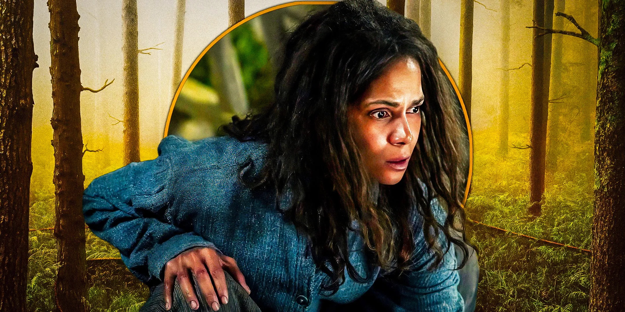 Halle Berry crouching in the forest in Never Let Go Image