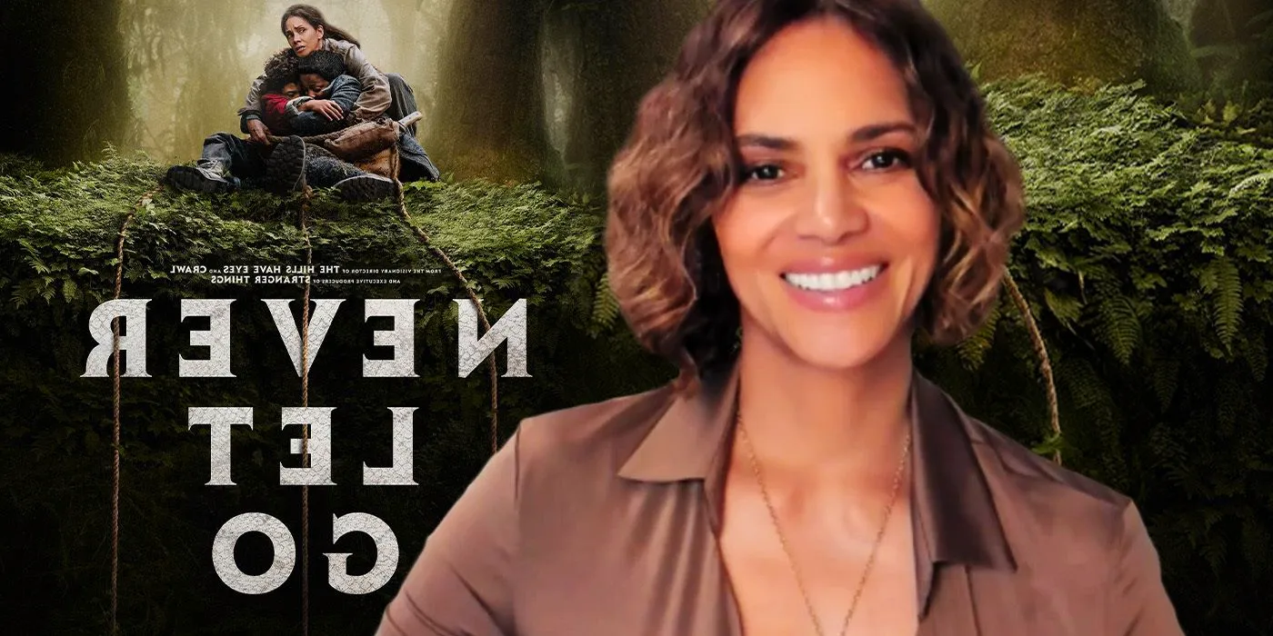 Halle Berry smiling in Never Let Go interview with image of Mama and kids in the forest behind her Image