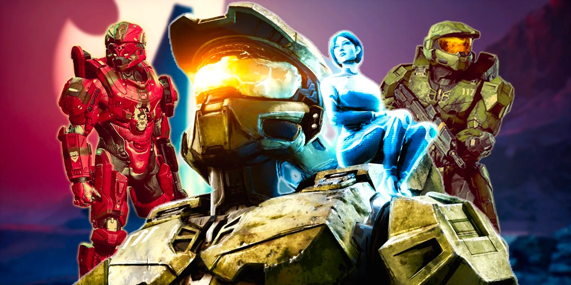 Halo Master Chief with Cortana on his shoulder in the front and two Halo armors in the background Image