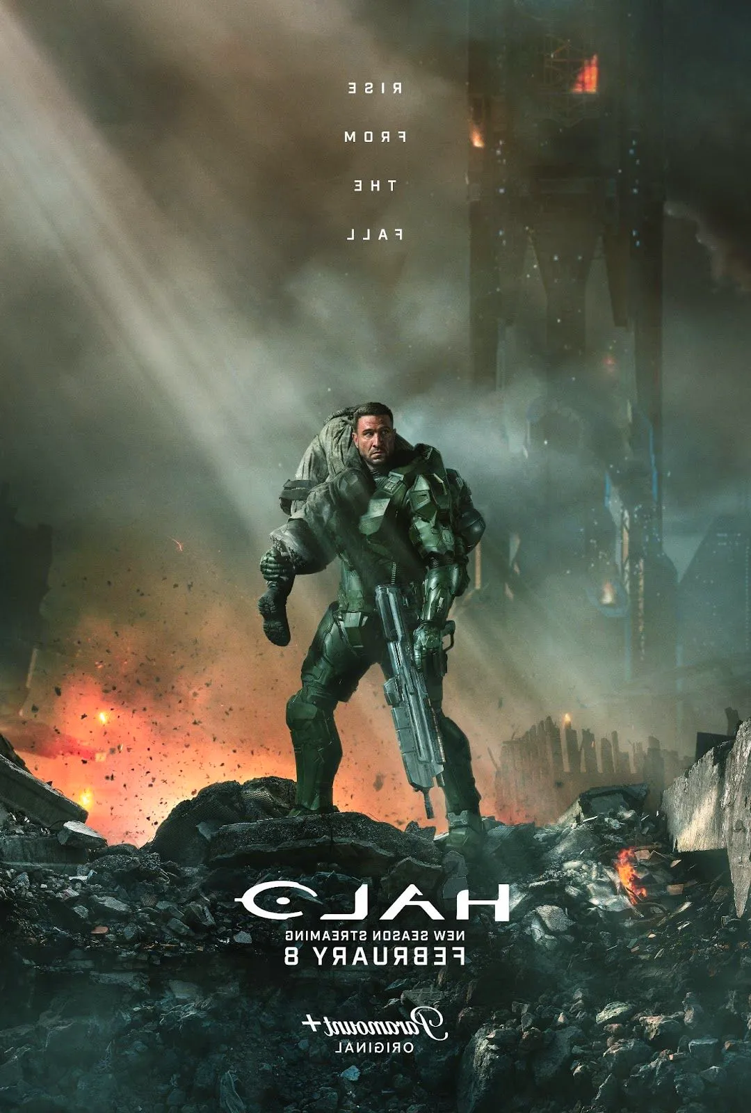 Halo Season 2 Hero Showing Master Chief carrying a fallen soldier on the battle field Image