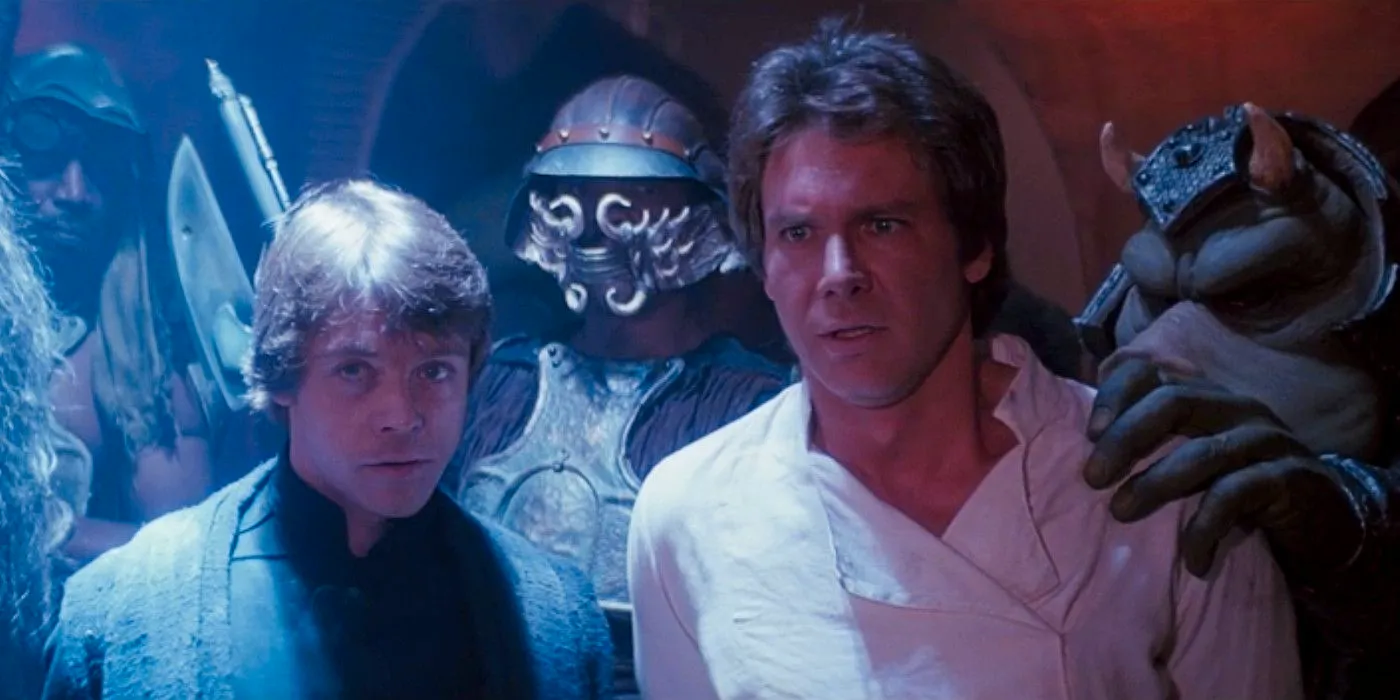 Han Solo and Luke Skywalker standing captured at Jabba's Palace in Star Wars Return of the Jedi Image