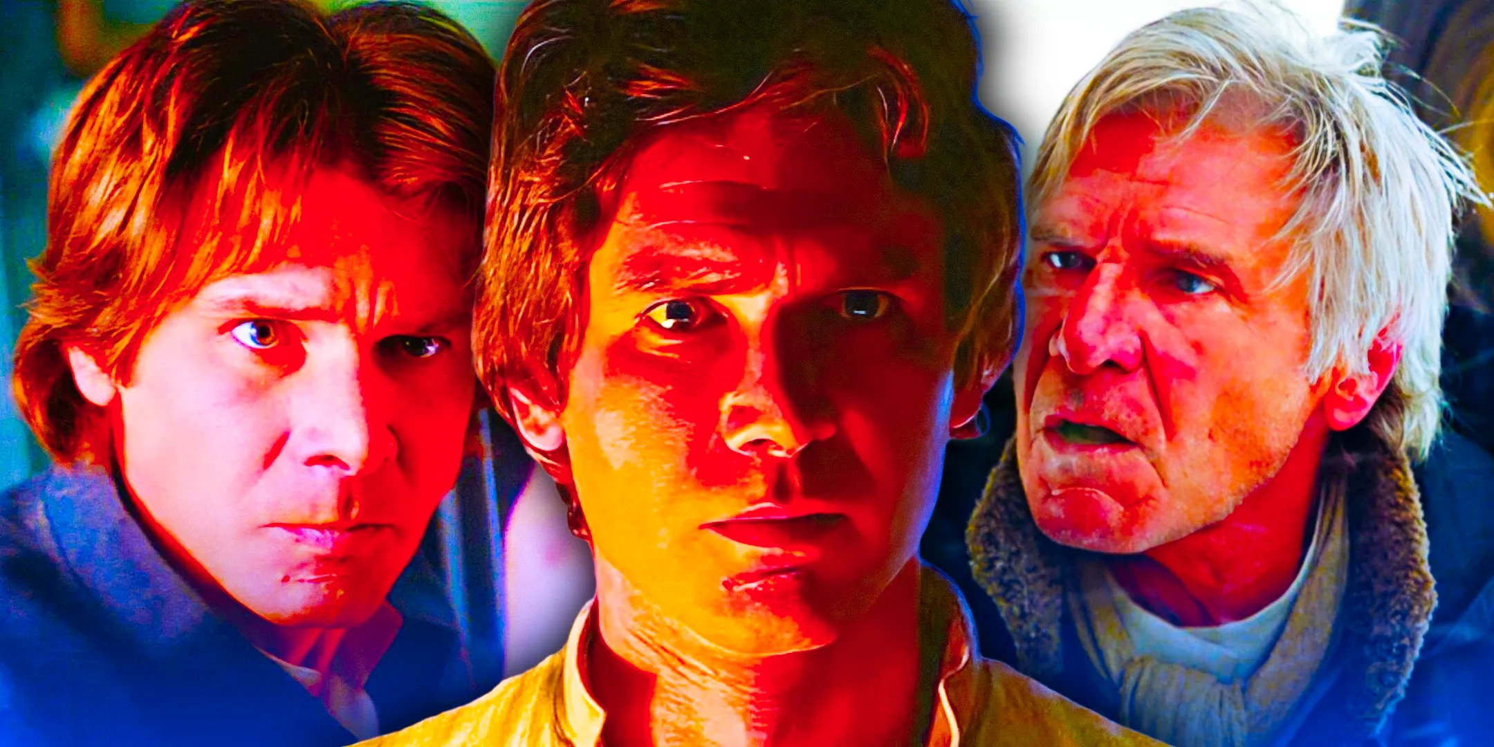 Han Solo from the Force Awakens looking angry to the left and Han Solo from the original trilogy looking serious in the center and to the right in a combined image Image