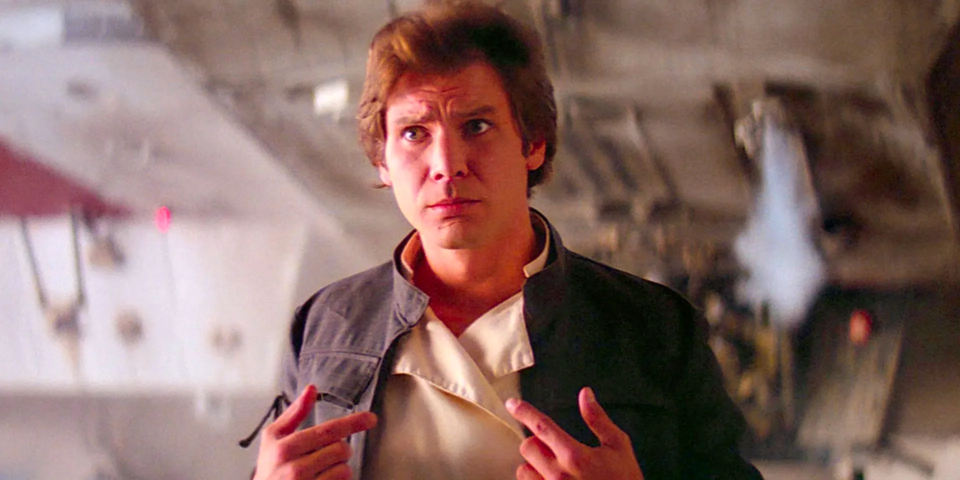 Han Solo looking confused and pointing to himself in The Empire Strikes Back Image