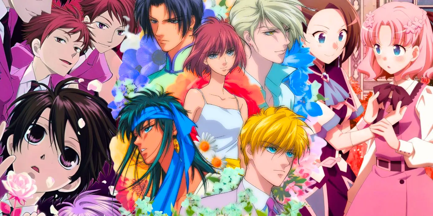 Hanasakeru Seishonen cast in the center surrounded by flowers, with My Next Life as a Villainess All Routes Lead to Doom! Catarina and Maria on the left, and Ouran High School Host Club's ontheright Image